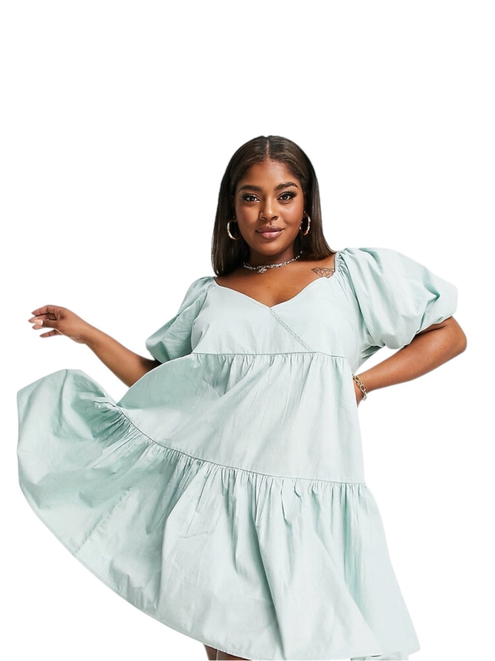 ASOS Curve 100% Cotton Puff Sleeve Light Mint Smock Tiered Dress